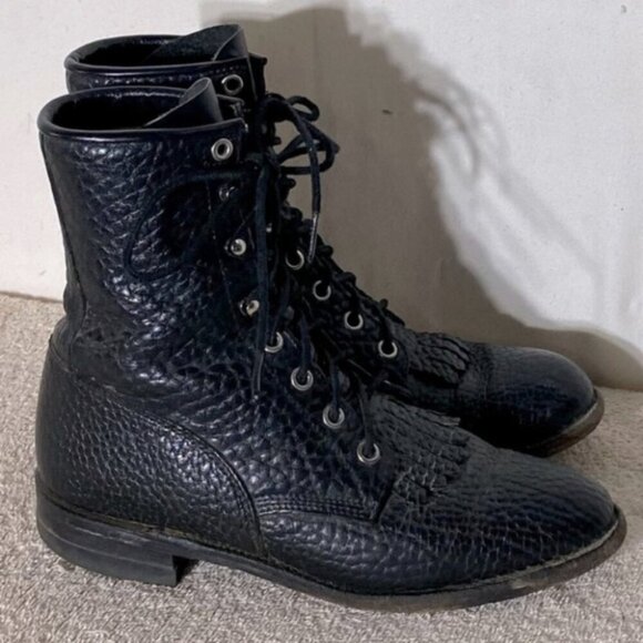 Vintage Justin Boots Black Pebbled Leather Lace Up Packer Boots 6 - Picture 1 of 13